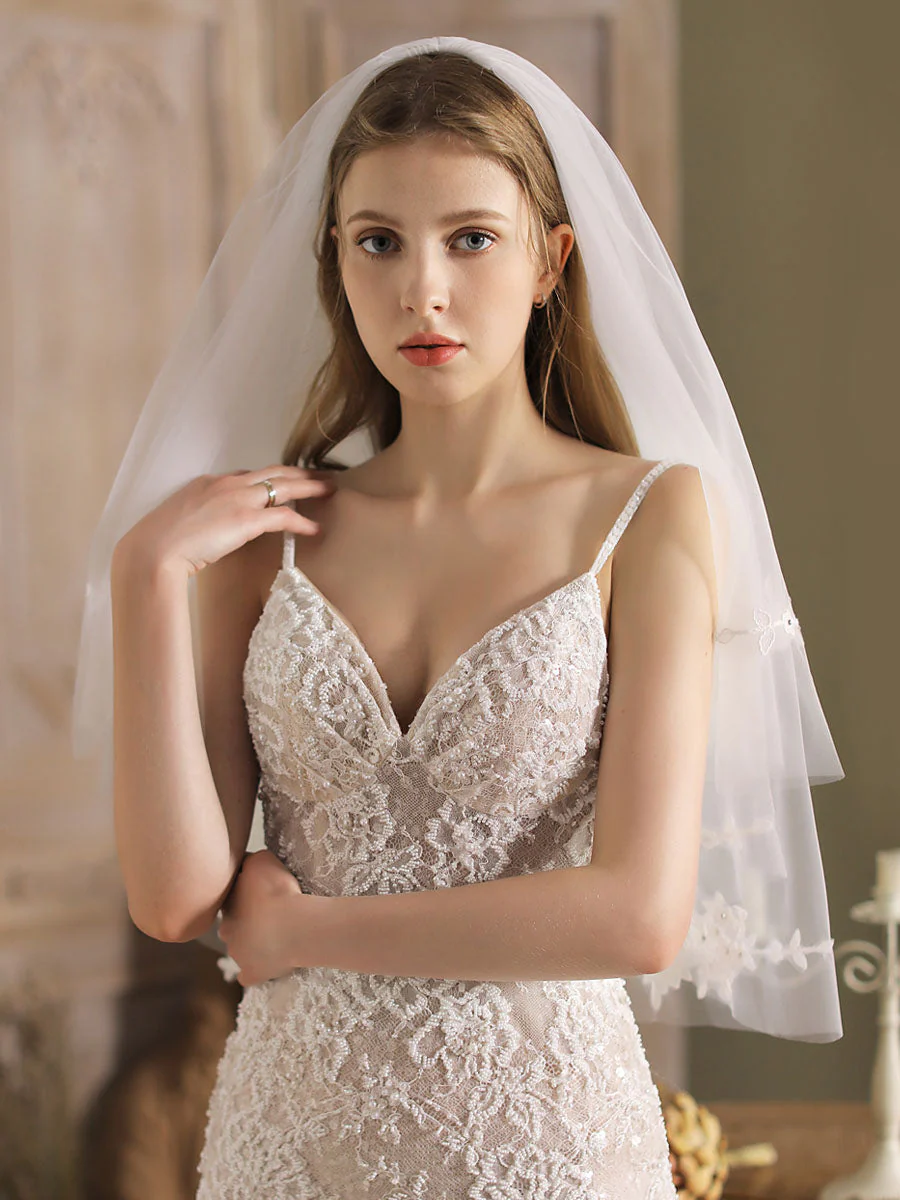 White Tulle Wedding Veils Two-Tier Lace Drop Bridal Veils - Image 5