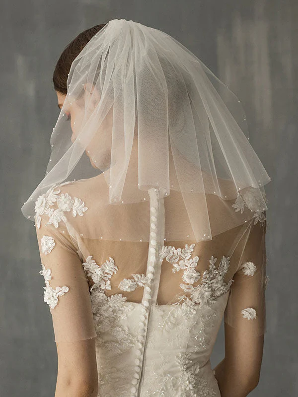 White Two Tier Pearls Tulle Cut Edge Drop Wedding Veils - Image 2