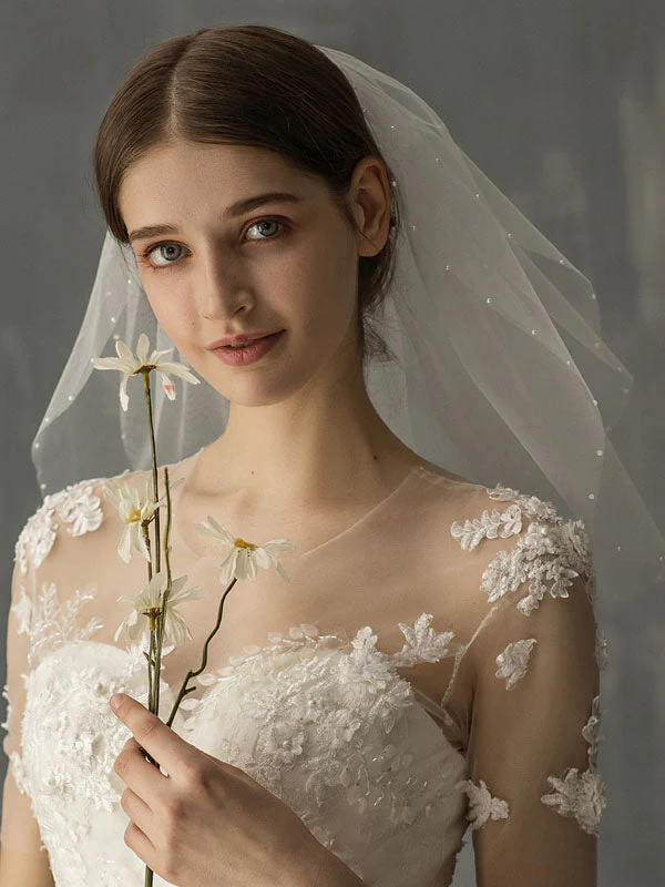 White Two Tier Pearls Tulle Cut Edge Drop Wedding Veils - Image 3