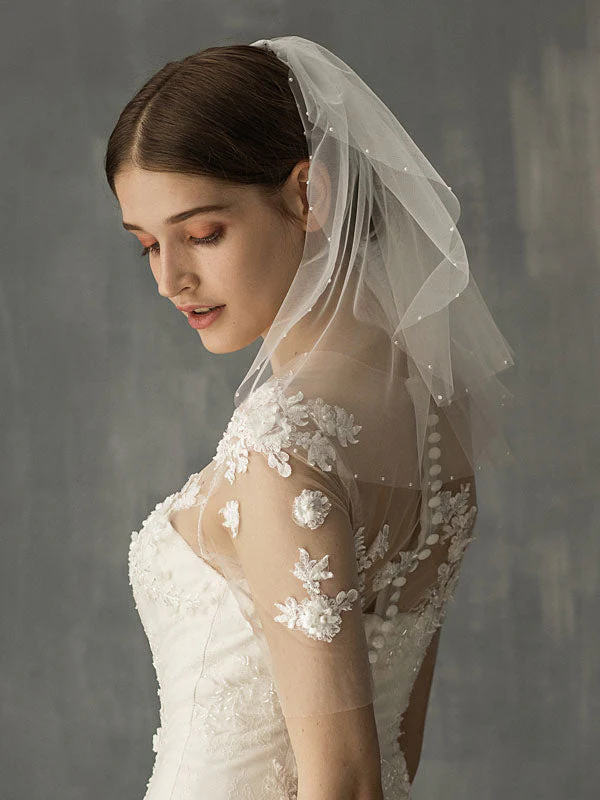 White Two Tier Pearls Tulle Cut Edge Drop Wedding Veils - Image 4