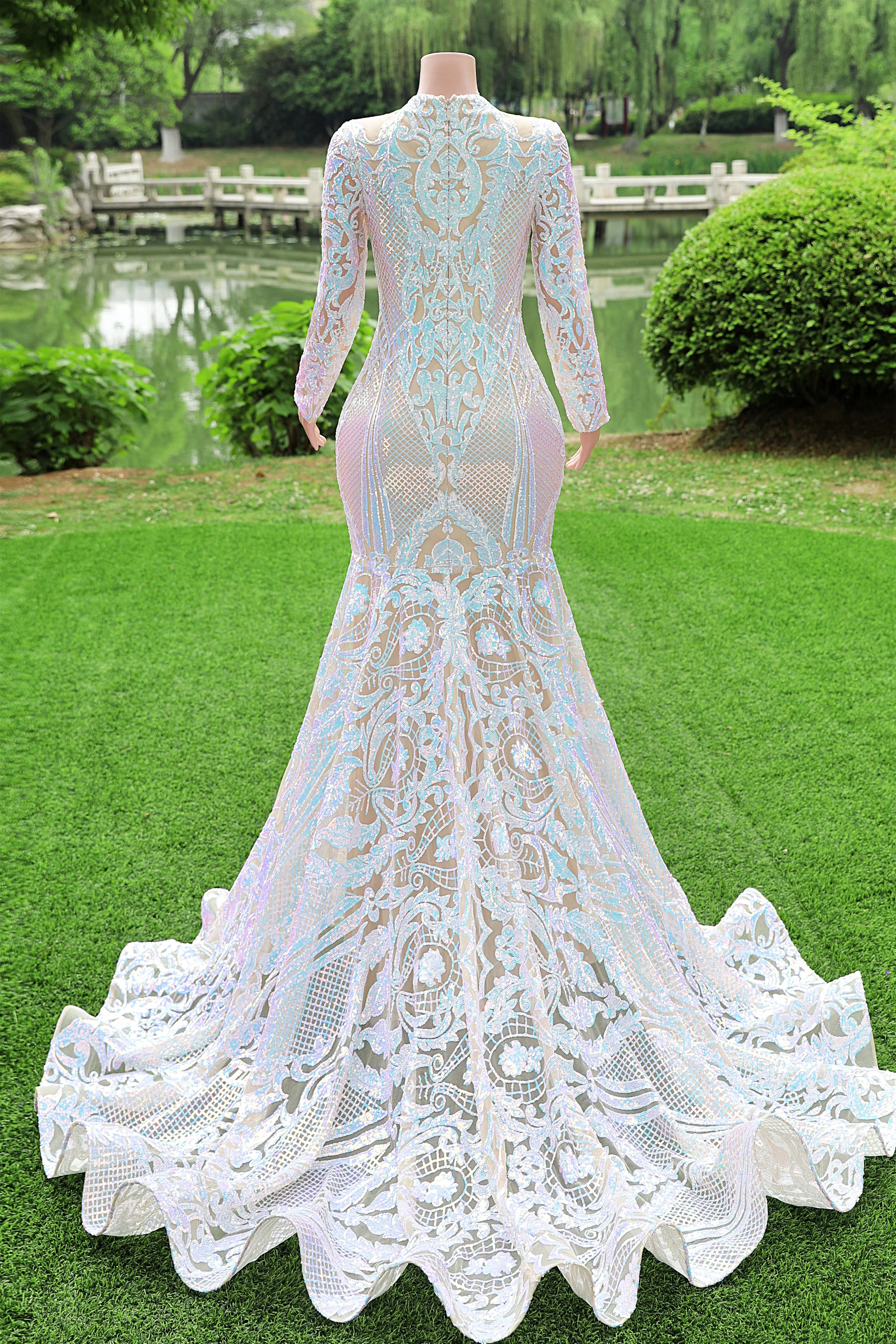 White V-neck Long sleeves Mermaid Sparkle Sequin Prom Dresses - Image 3
