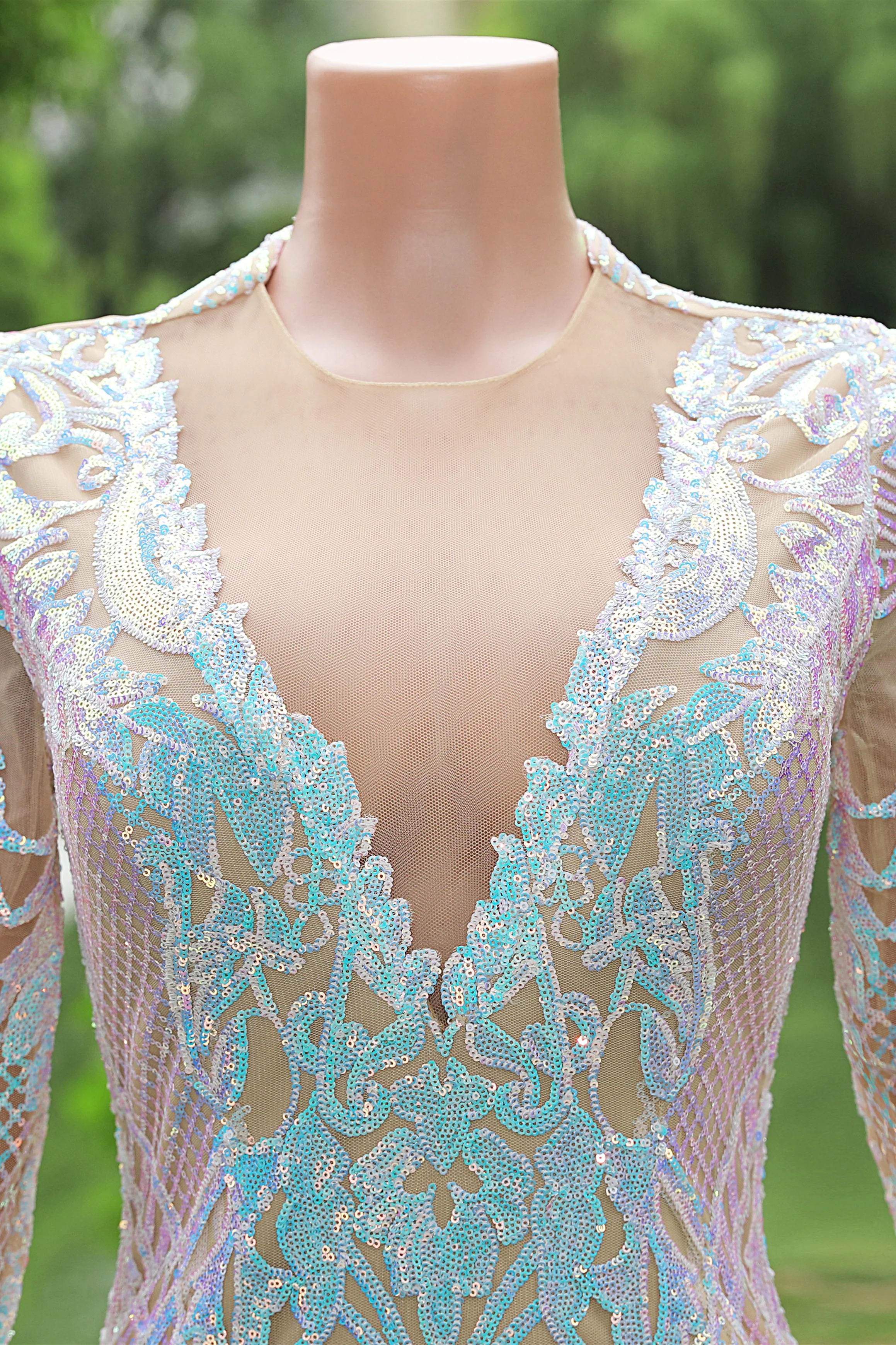 White V-neck Long sleeves Mermaid Sparkle Sequin Prom Dresses - Image 4