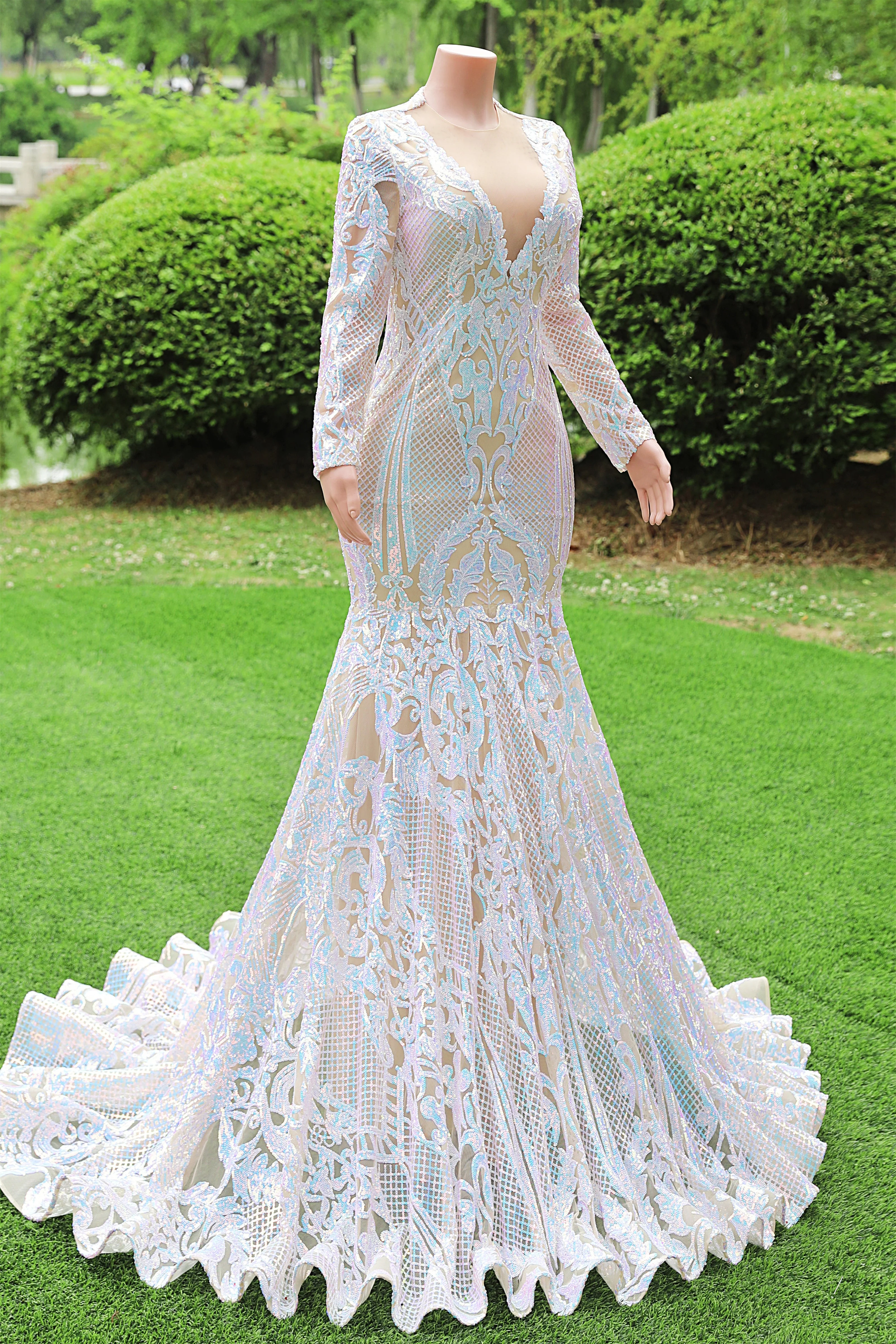 White V-neck Long sleeves Mermaid Sparkle Sequin Prom Dresses - Image 5