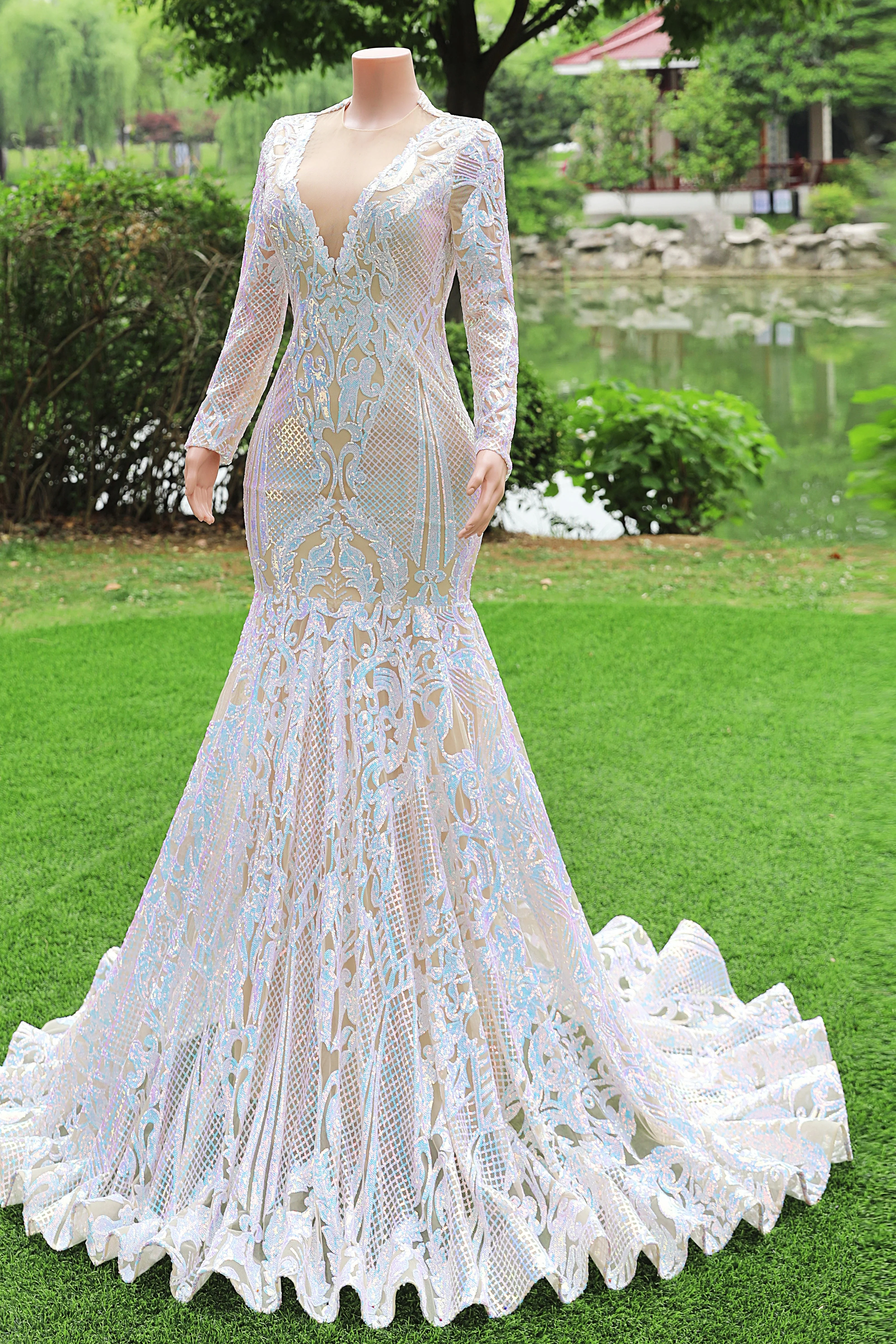 White V-neck Long sleeves Mermaid Sparkle Sequin Prom Dresses - Image 8