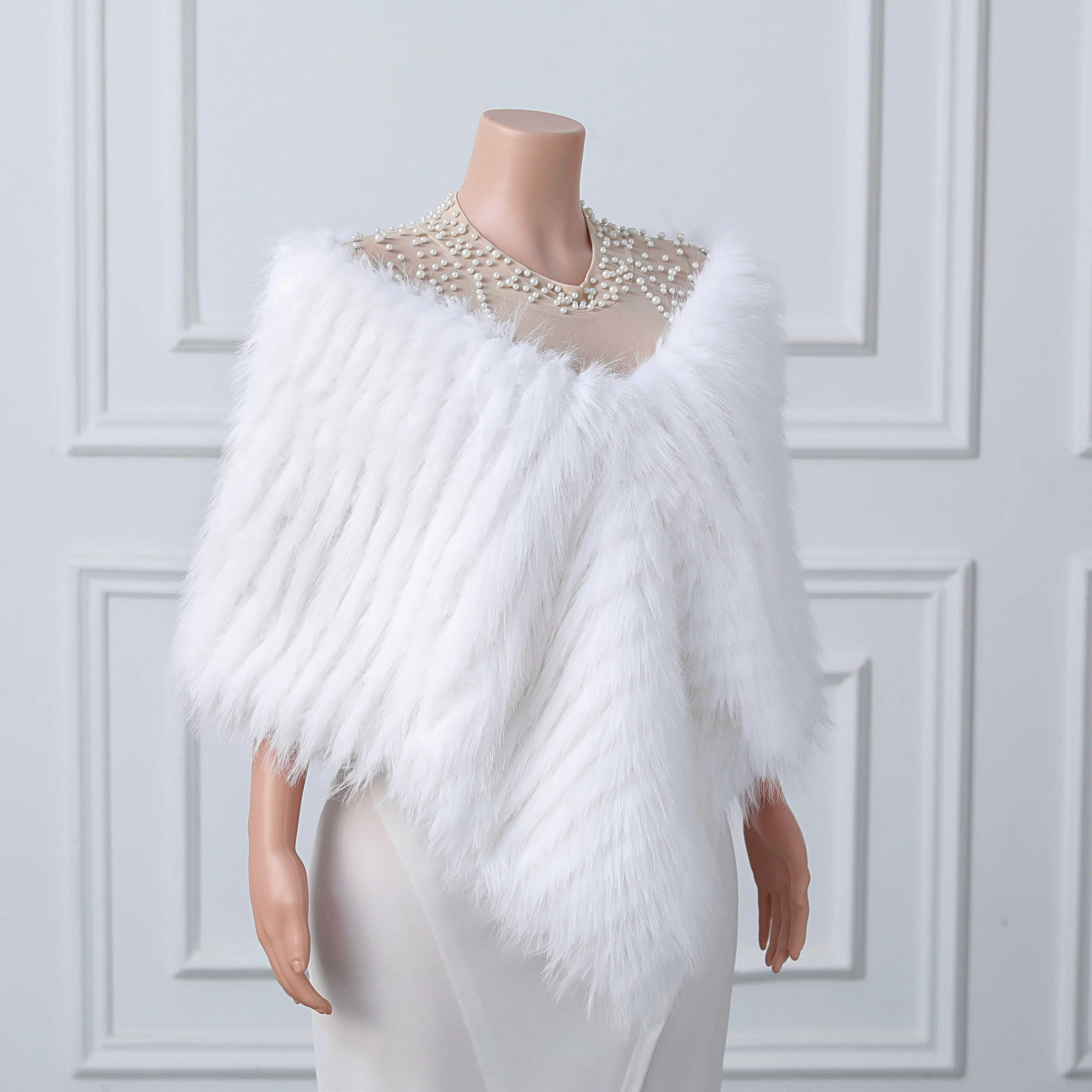 White V-neck Neckline Shawl Winter Wedding Shawl - Image 4