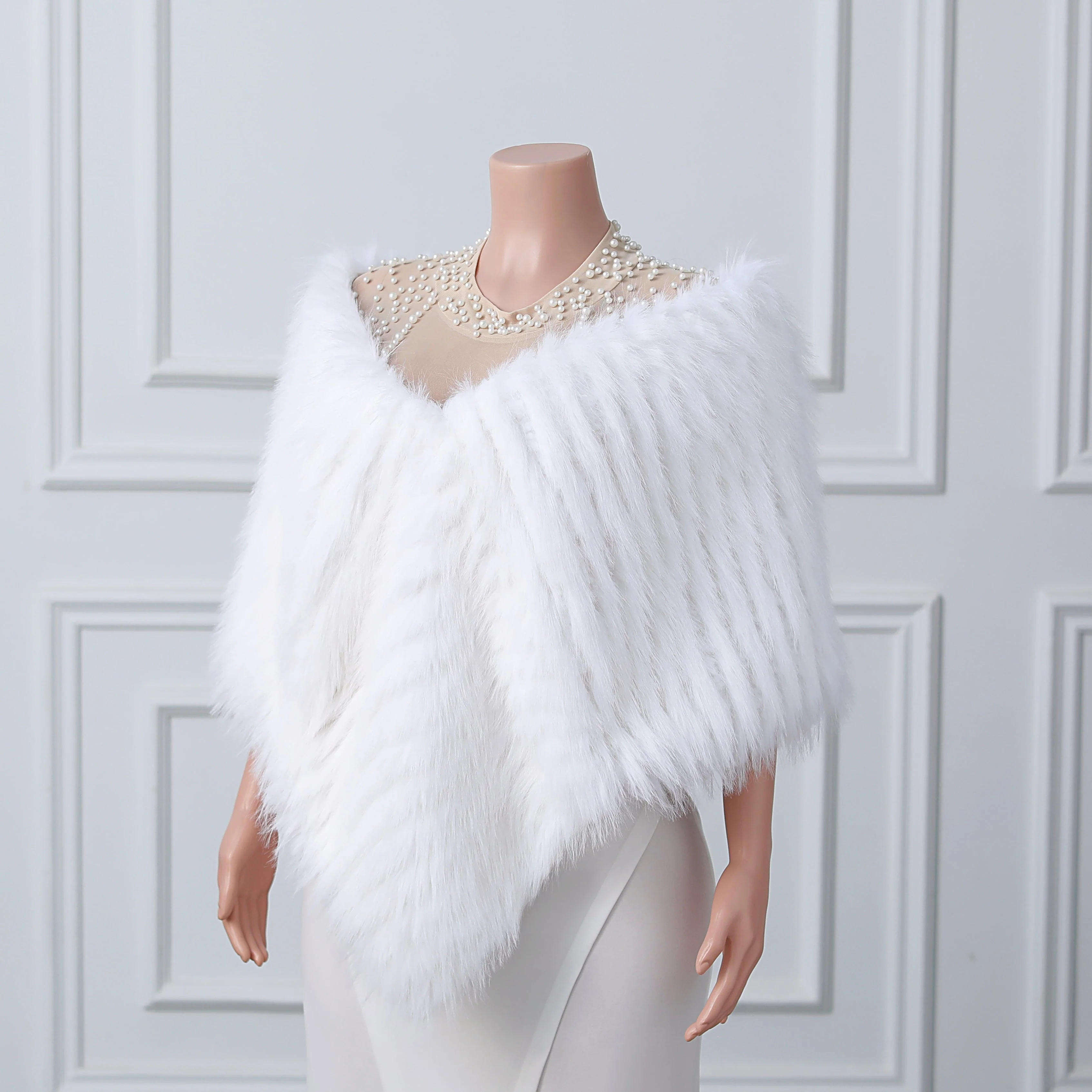 White V-neck Neckline Shawl Winter Wedding Shawl - Image 5