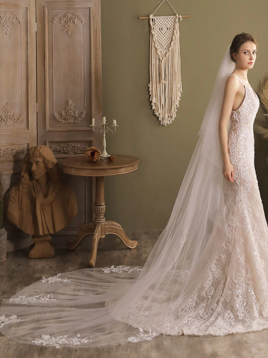White Waterfall Two-Tier Lace Tulle Wedding Veils - Image 5
