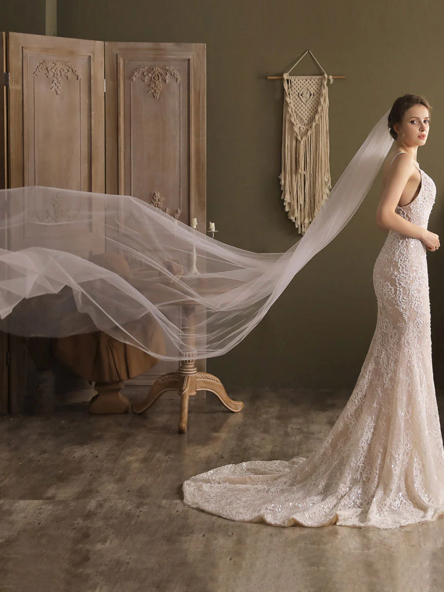 White Waterfall Wedding Veils One-Tier Tulle Bridal Veil - Image 3