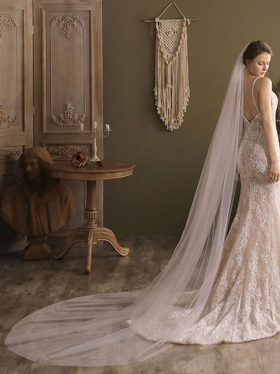 White Waterfall Wedding Veils One-Tier Tulle Bridal Veil - Image 4