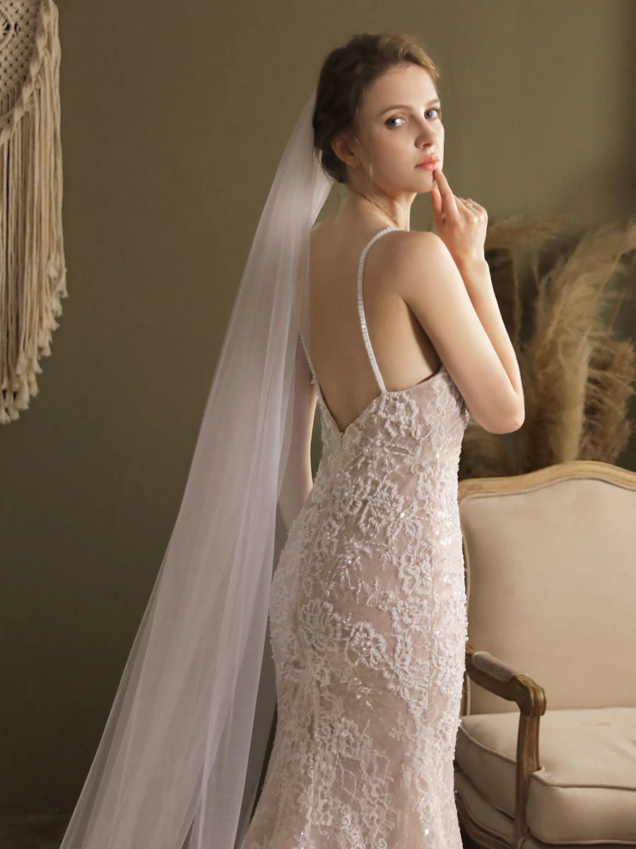 White Waterfall Wedding Veils One-Tier Tulle Bridal Veil - Image 5