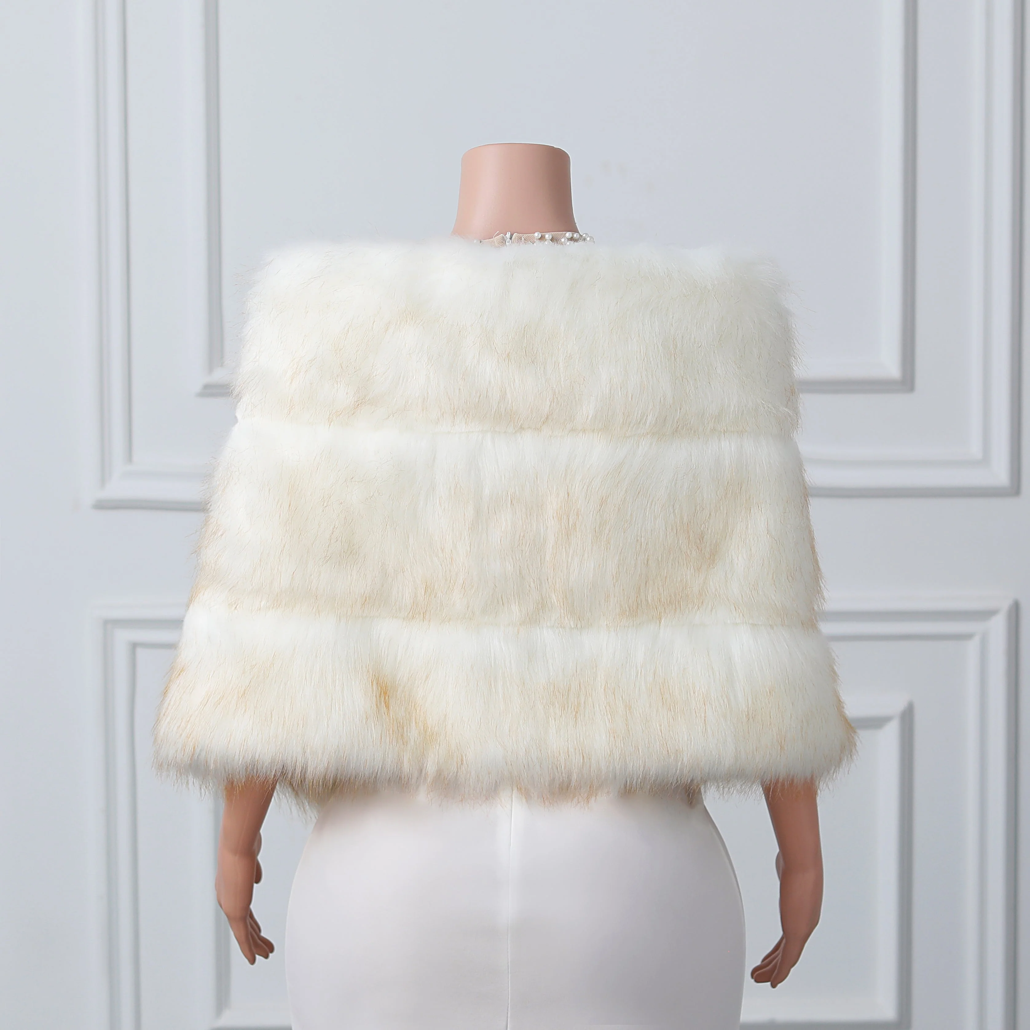 White Yellow Pointed High-Low Faux Fur Shawl - Image 2
