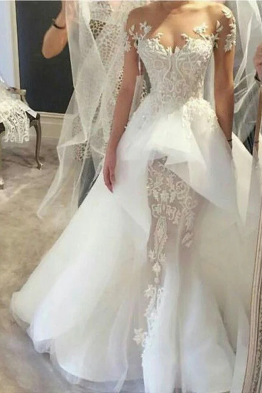 Wholesale Fit and Flare Tulle Lace Wedding Dresses Short Sleeves Court Train Bridal Gown - Image 2
