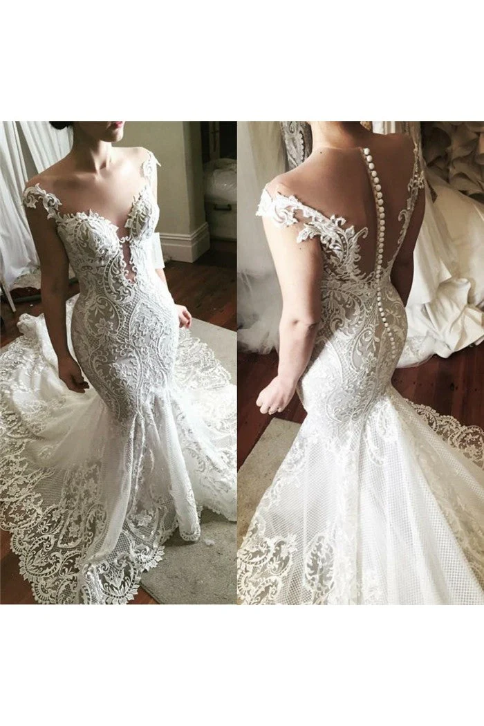 Wholesale Lace Fit and Flare Wedding Dress Glamorous Sheer Tulle Bridal Gowns with Buttons - Image 2