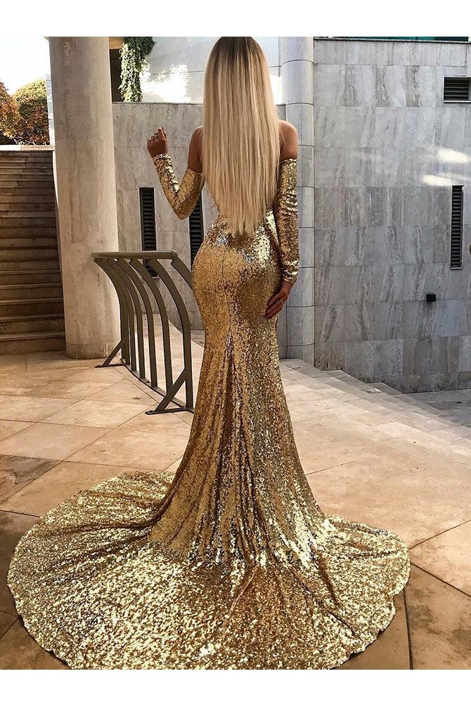 Wholesale Off-the-Shoulder Champagne Sequins Prom Dresses Elegant Long Sleeves Side Slit Evening Gowns - Image 2