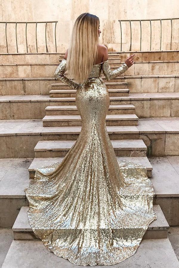 Wholesale Off-the-Shoulder Champagne Sequins Prom Dresses Elegant Long Sleeves Side Slit Evening Gowns - Image 3