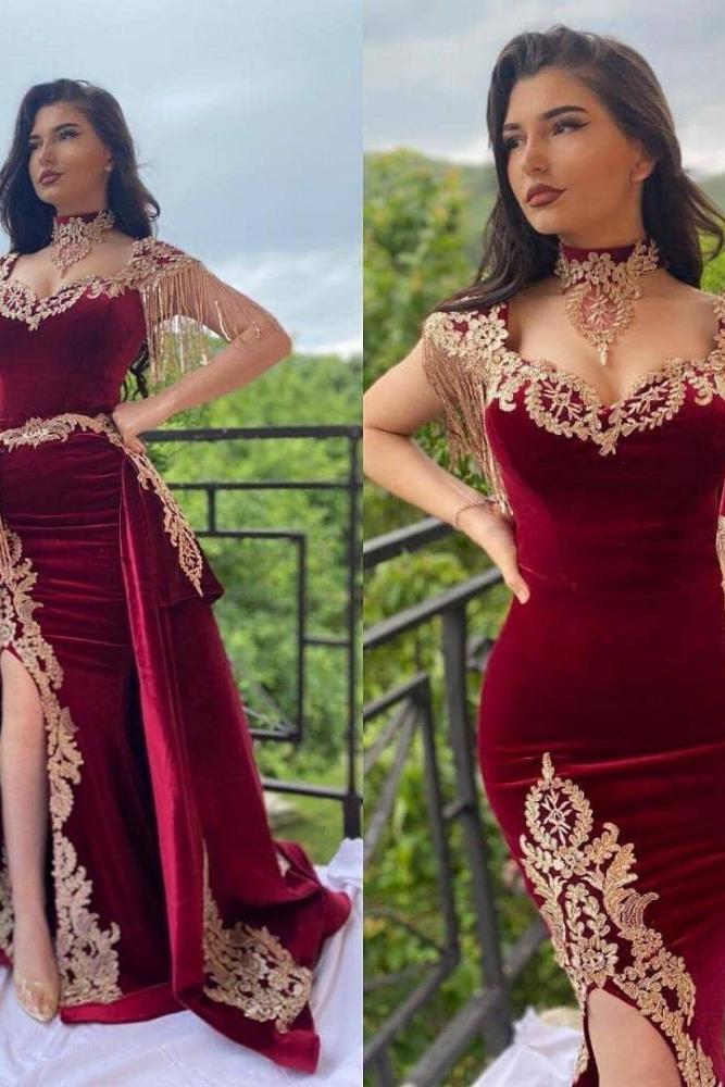 Wine red evening dresses long Yellow Floral Appliques Velvet evening wear On Sale - Image 2