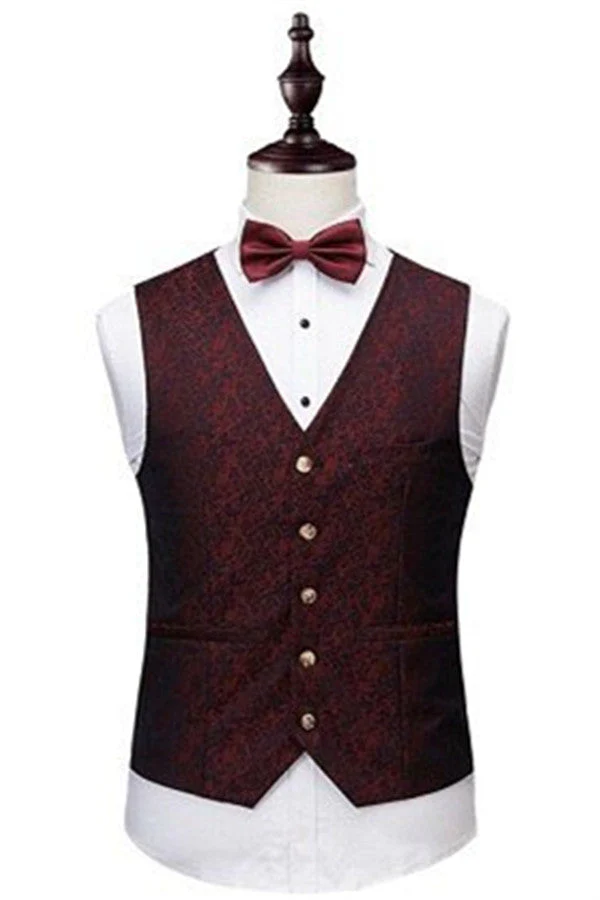 Wine Ruby Notched Laple Prom Suits for Men Bespoke Three Pieces Jacquard Tuxedo - Image 2