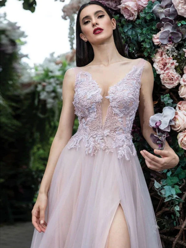 Glamorous Women Evening Dress A-Line V-Neck Floor-Length Backless Applique Lace Social Pageant Dresses Split Gown - Image 3