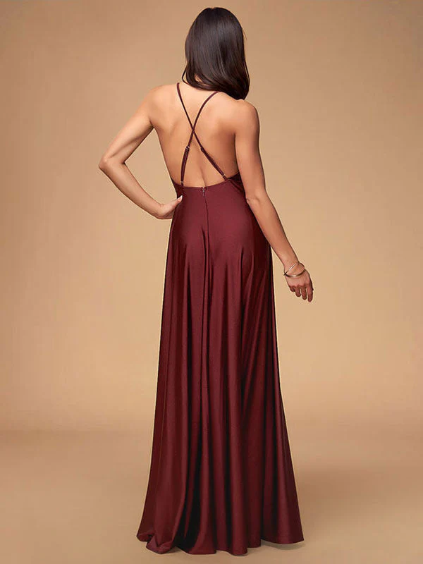 Stunning Women Evening Dress Burgundy A Line Criss Cross Lycra Spandex Formal Dinner Dresses - Image 3