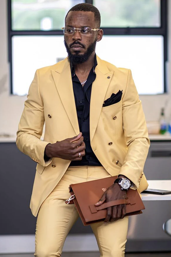 Yellow Double Breasted Peaked Lapel Men Suits - Image 2