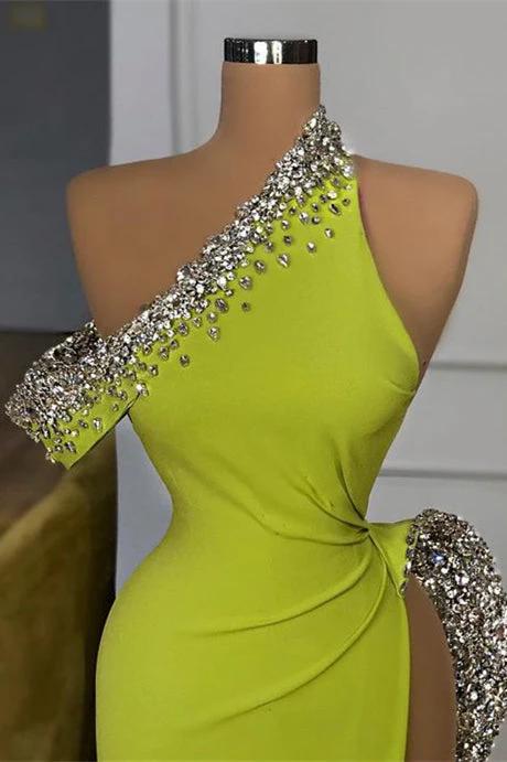 Yellow Green One Shoulder Mermaid Prom Dress Slit Long With Crystals - Image 2