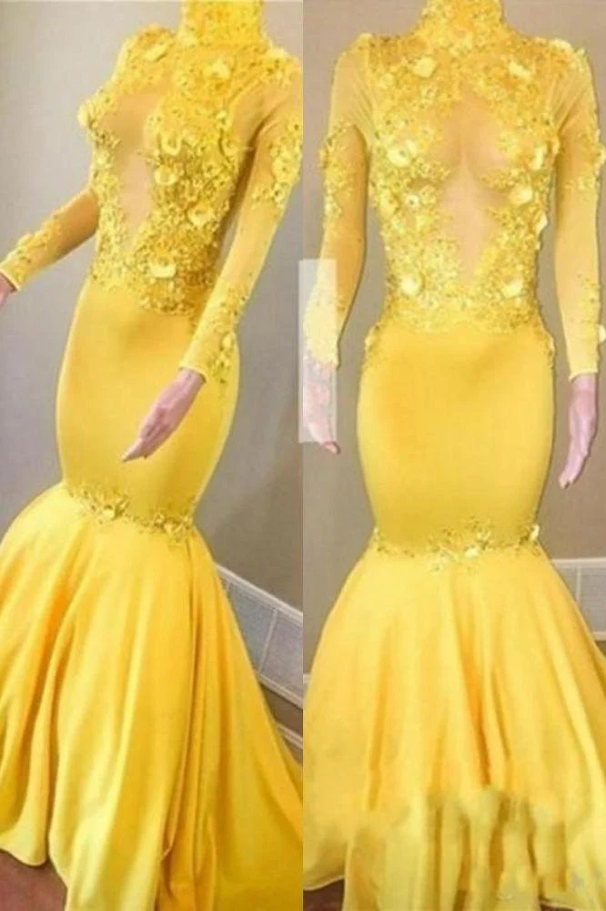 Yellow High Neck Flower Appliques Mermaid Long Sleevess Prom Dresses - Image 2