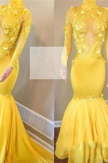 Yellow High Neck Flower Appliques Mermaid Long Sleevess Prom Dresses - Image 3