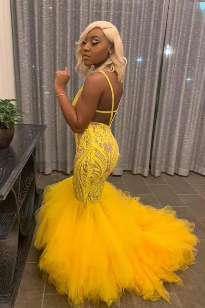 Yellow Mermaid Lace Puffy Tulle Open back Long Prom Party Gowns - Image 2