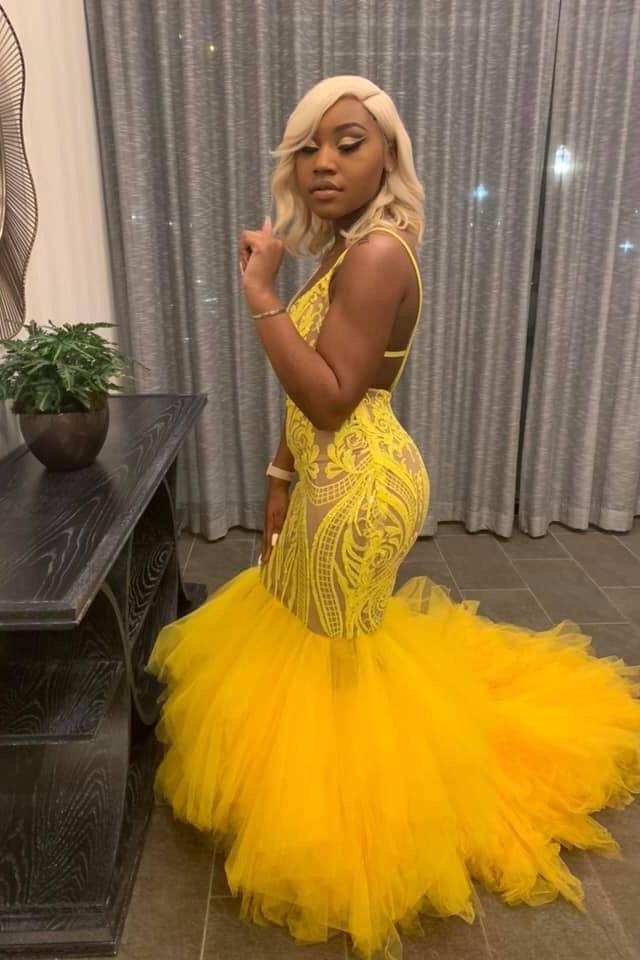 Yellow Mermaid Lace Puffy Tulle Open back Long Prom Party Gowns - Image 3