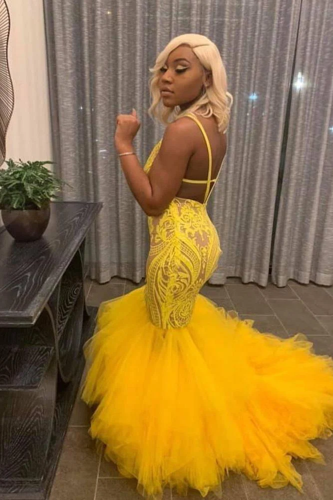 Yellow Mermaid Lace Puffy Tulle Open back Long Prom Party Gowns - Image 4