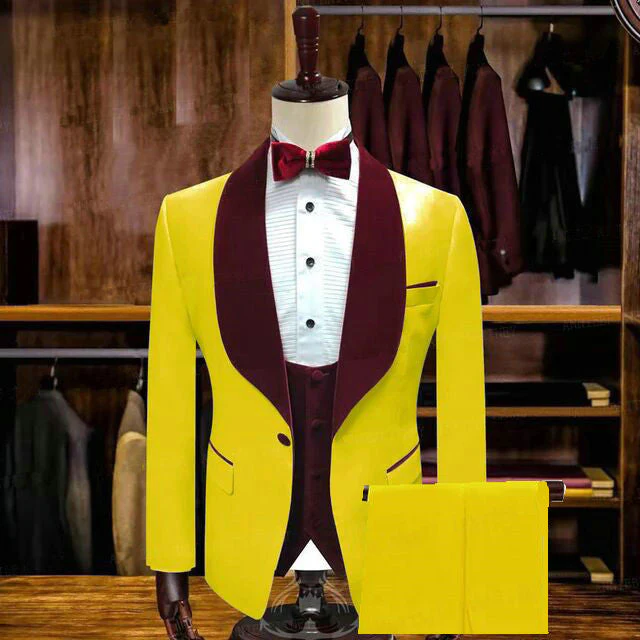 Yellow One Button Wedding Groom Suits with Velvet Lapel - Image 2