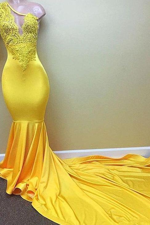 Yellow one shoulder mermaid prom dress, lace evening dresses - Image 2