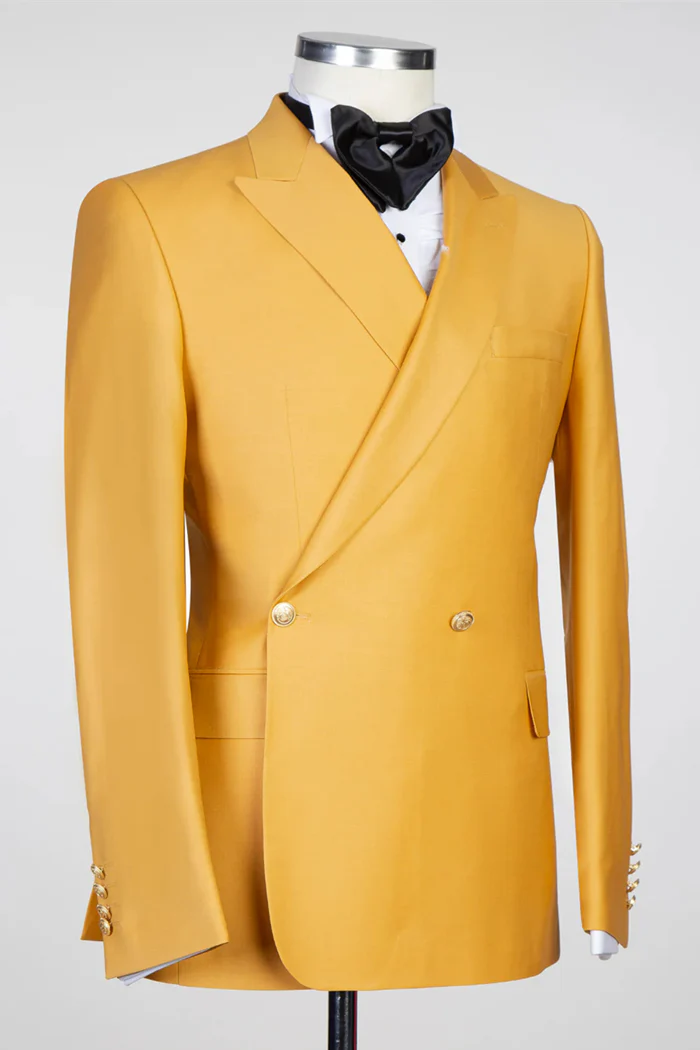 Yellow Peaked Lapel Double-Breasted Prom Suit - Image 2