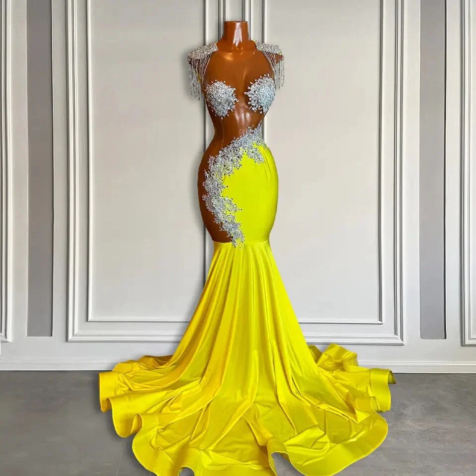Yellow Scoop Prom Dress with Beadings and Tassels - Mermaid Long - Image 2