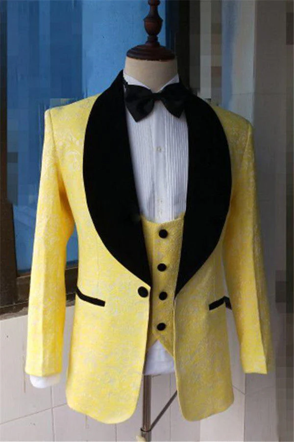 Yellow Slim Fit Lapel Shawl Prom Dress Suit Bespoke Jacquard Men Formal Party Blazer - Image 2
